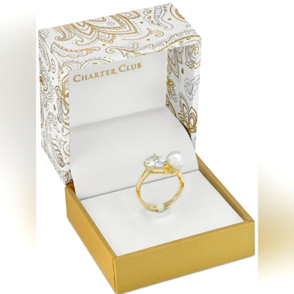 Zirconia & Faux Pearl‎ ring, Size 5 - Picture 1 of 4